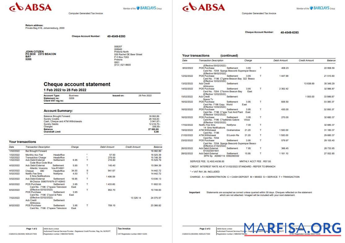 Realistic United Kingdom Absa bank statement word 2 pages sample